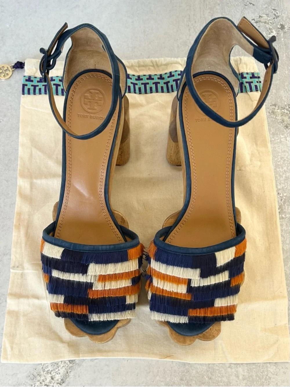 Tory Burch Alma Platform Wooden Block Heel Sandals, Blue Suede 10.5 Like New!